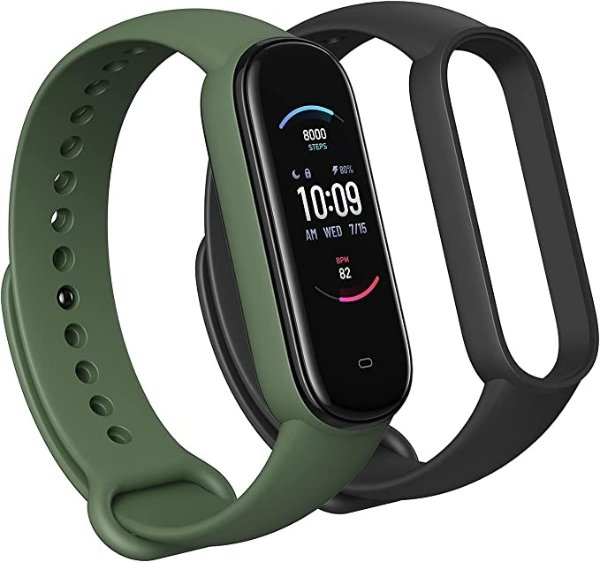 Band 5 Fitness Tracker Band for Android IOS Phones, Alexa Built-in, Blood Oxygen, Heart Rate, Sleep Monitor, Waterproof, Fitness Watch with Black Replacement Strap, for Women Men Kids, Olive
