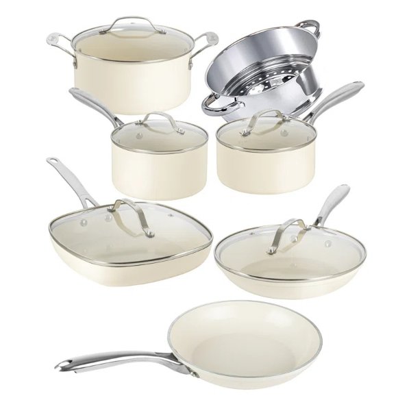 Naturals Cream 12 Piece Ultra Nonstick Ceramic Cookware Set with Stay Cool Handles, Oven & Dishwasher Safe