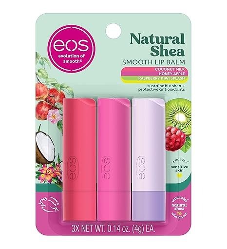 eos Natural Shea Lip Balm, Honey Apple, Coconut Milk & Raspberry Kiwi Splash, All-Day Moisture, Lip Care Products, 0.14 oz, 3-Pack