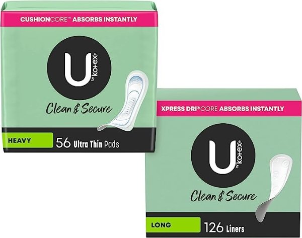 Clean & Secure Period Kit: Ultra Thin Pads, Heavy Absorbency, 56 Count and Panty Liners, Light Absorbency, Long Length, 126 Count (Packaging May Vary)
