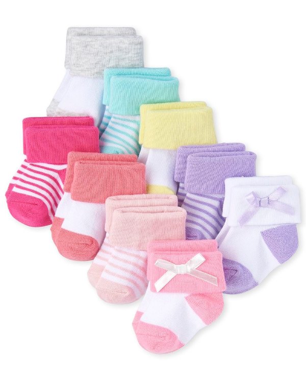 Baby Girls Striped And Solid Turn Cuff Socks 9-Pack