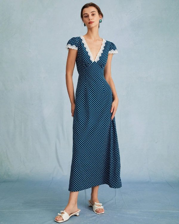 The Navy V Neck Polka Dot Lace Ruched Maxi Dress & Reviews - Navy - Dresses | RIHOAS