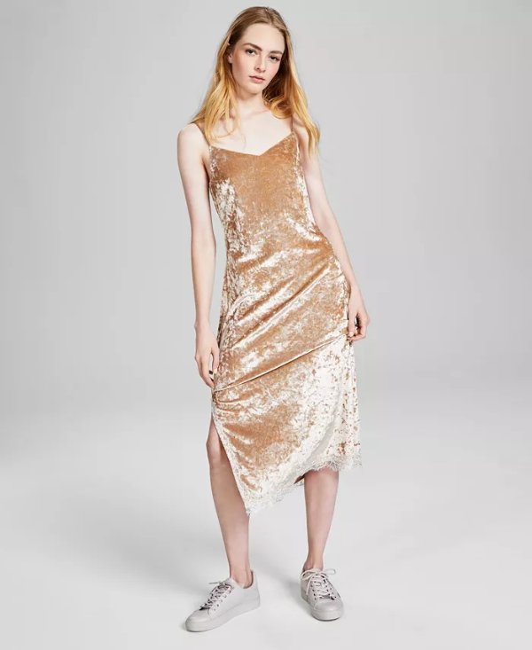 Women's Lace-Trim Velvet Slip Dress, Created for Macy's