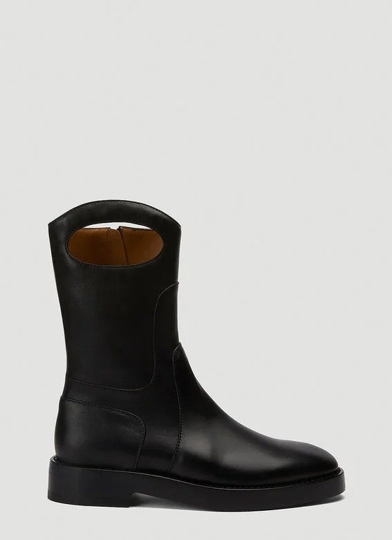 Porthole Detail Panelled Leather Boots in Black