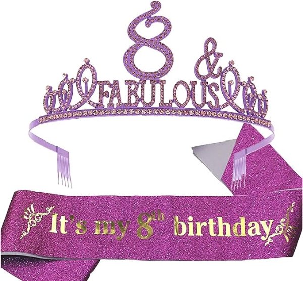 8th Birthday Sash and Tiara for Girls - Fabulous Glitter Sash + Fabulous Rhinestone Purple Premium Metal Tiara for Girls, 8th Birthday Gifts for Princess Party