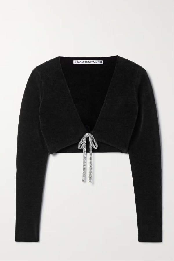 Cropped crystal-embellished cotton-blend chenille cardigan