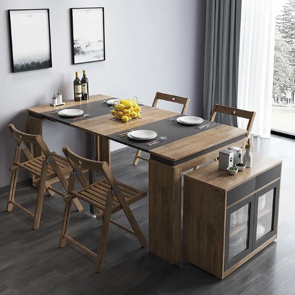 Modern Extendable Dining Table Rectangle Sideboard with Storage in Walnut & Gray-Homary