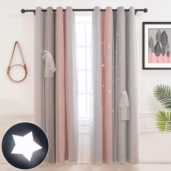 Hughapy Star Curtains Stars Blackout Curtains for Kids Girls Bedroom Living Room Colorful Double Layer Star Cut Out Stripe Window Curtains, 1 Panel (42W x 63L, Pink / Grey)