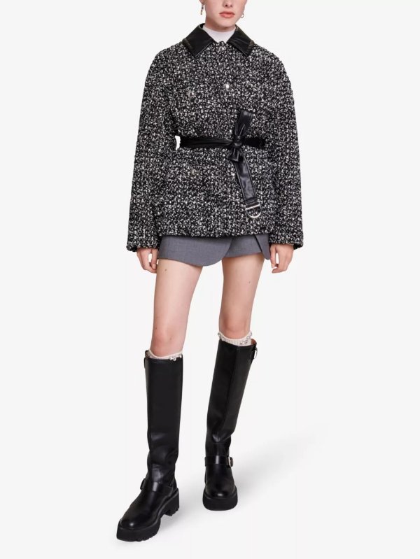 Faux-leather collar straight-fit tweed coat
