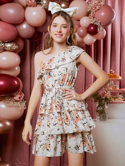Teen Girls Floral Print Ruffle Trim Dress