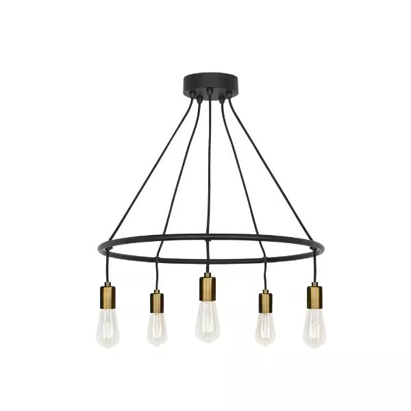 Tae 24 in. W 5-Light Black Modern Industrial Round Chandelier with Aged Brass Socket Cups and Adjustable Black Cords
