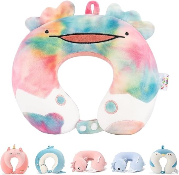 Niuniu Daddy Kids Neck Pillow for Traveling,Pure Memory Foam Travel Neck Support Pillows for Airplane, Car Headrest Sleep, Tie-dye Axolotl, 3-8 Years