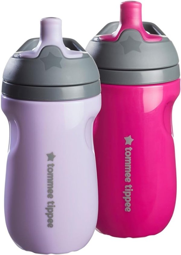 Insulated Sportee Bottle, 9oz, 12+ Months, Trainer Sippy Cup for Toddlers, Spill-Proof, Easy to Hold Handle, Lilac & Plum, Pack of 2
