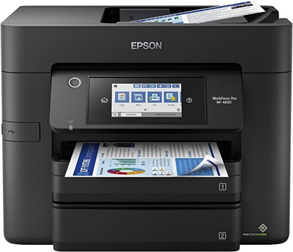 Workforce Pro WF-4830 Wireless All-in-One Printer with Auto 2-Sided Print, Copy, Scan and Fax, 50-Page ADF, 500-sheet Paper Capacity, and 4.3" Color Touchscreen, Works with Alexa, Black, Large