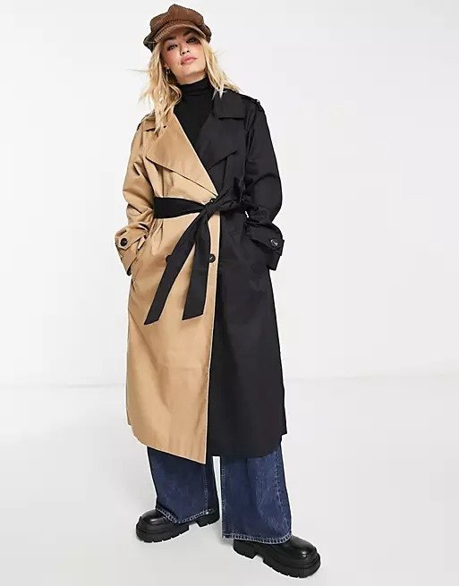 half and half trench coat in black and stone