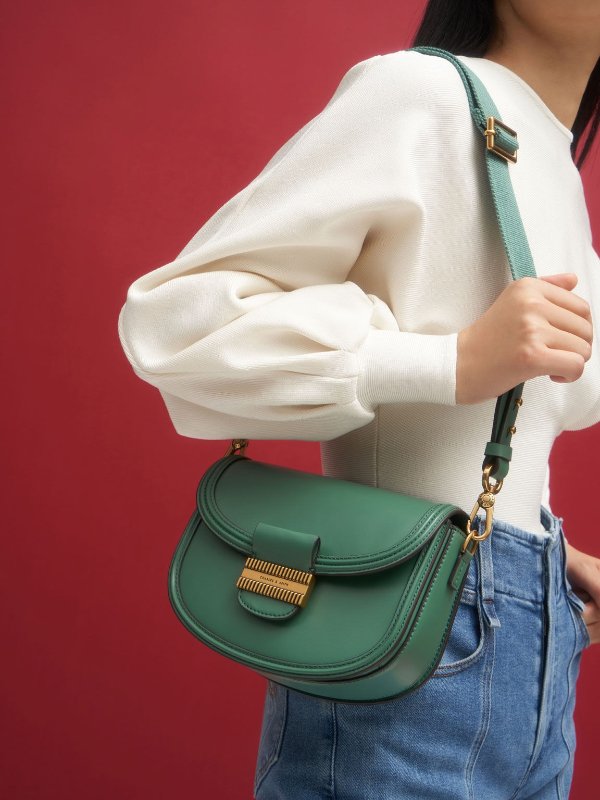 Green Embellished Saddle Bag | CHARLES &amp; KEITH