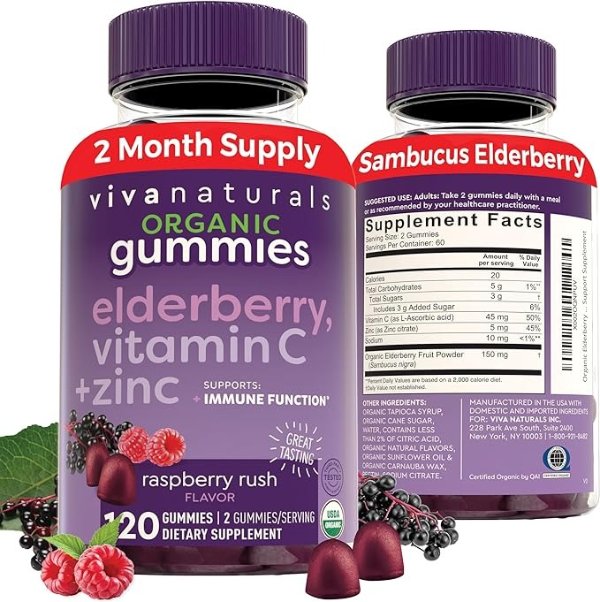 Organic Elderberry Gummies with Zinc and Vitamin C (120 Count) - Two-Month Supply, Certified USDA Organic 3-in-1 Chewable Sambucus Elderberry Gummies, Immune Support Supplement