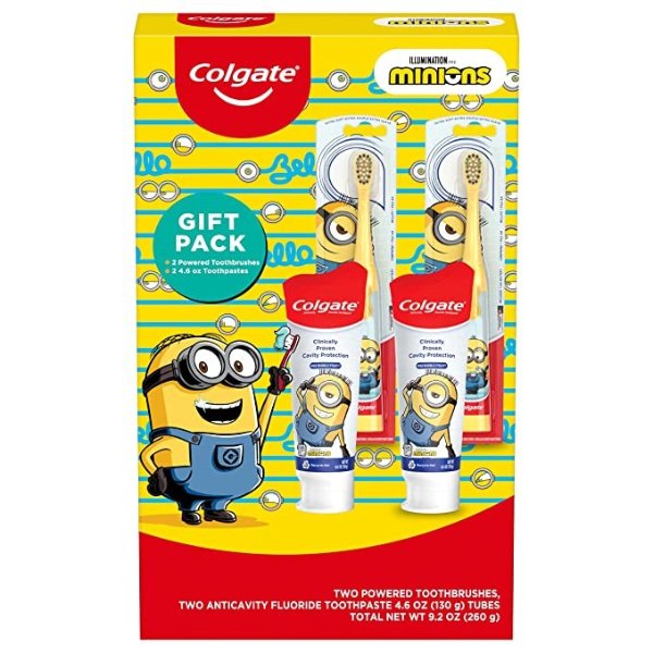 Kids Toothbrush Set for Ages 3+, Minions Gift, Battery Toothbrushes and Toothpastes, Pack of 2