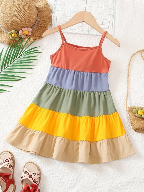 Girls Casual Rainbow Thin Strap Dress Clothes For Summer