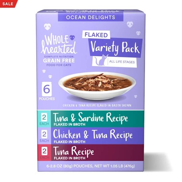 WholeHearted Grain Free Ocean Delights Flaked Wet Cat Food Variety Pack for All Life Stages, 2.8 oz. 6 count | Petco