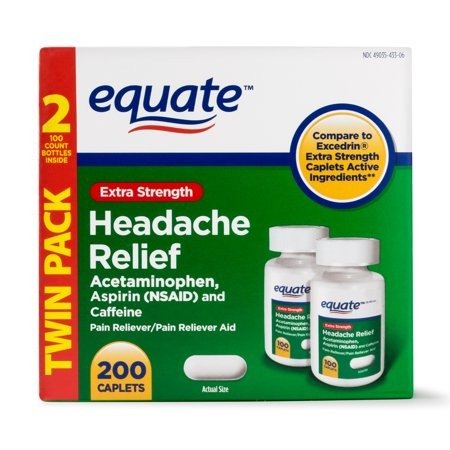 Equate Extra Strength Headache Relief Caplets, 250 mg, 100 Ct, 2 Pk