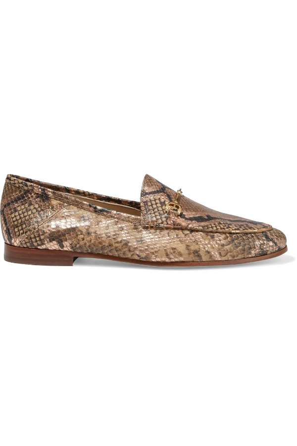 Loraine embellished metallic snake-effect leather loafers