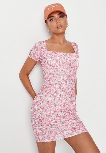 - Pink Floral Print Ruched Bust Milkmaid Dress