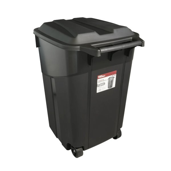 45 Gallon Wheeled Heavy Duty Plastic Garbage Can, Attached Lid, Black