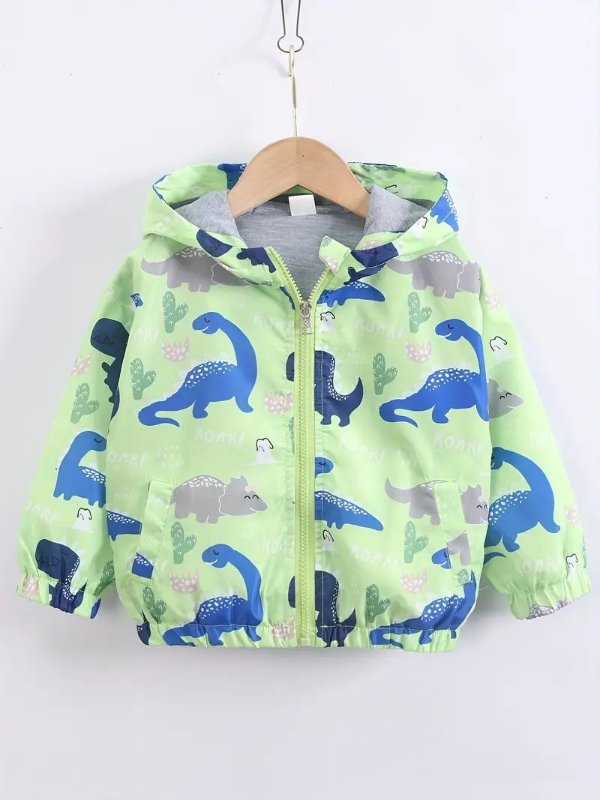 Boys Cute Hooded Cartoon Dinosaur Zipper Jacket Spring & Summer Kids Clothes Windproof