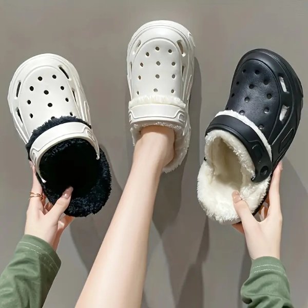 Simple Hollow Out Design Clogs, Casual Slip On Plush Lined Garden Shoes, Comfortable Indoor Home Slippers