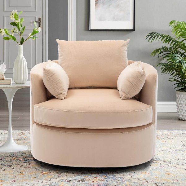 Beige Modern Linen Fabric Upholstered Swivel Barrel Accent Chair with Toss Pillows