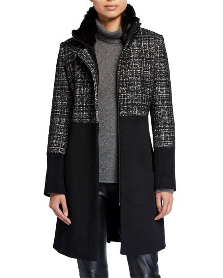 Mixed-Media Wool-Blend Faux-Fur Collar Coat