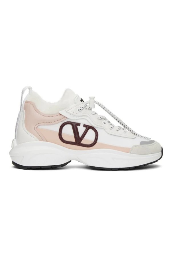 White & Pink Valentino Garavani Fuzzy VLogo Sneakers