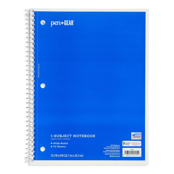 1-Subject Notebook, Wide Ruled, Blue, 70 Sheets