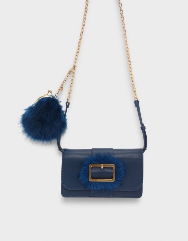 Blue Pom Pom Charm Leather Crossbody Bag | CHARLES & KEITH US