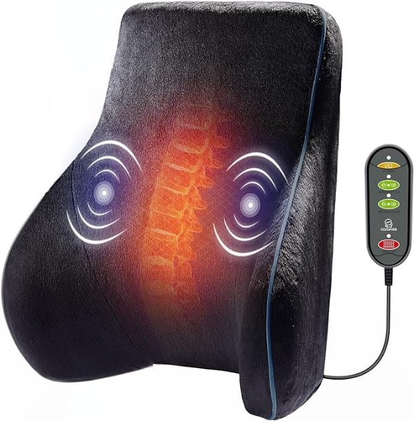 Lumbar Support Pillow, Memory Foam Back Support Pillow with Vibration and Heat Function, 3 Vibration Modes & 2 Heat Levels, Back Cushion for Car,Office Chair