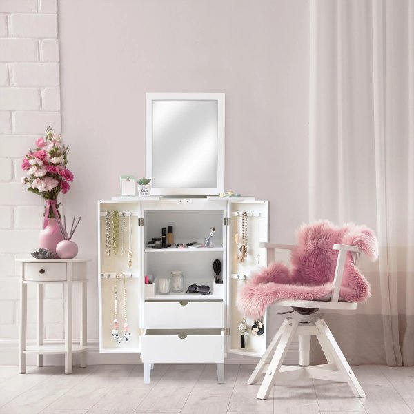 Standing 40” Makeup & Jewelry Organizer Armoire with Mirror, White