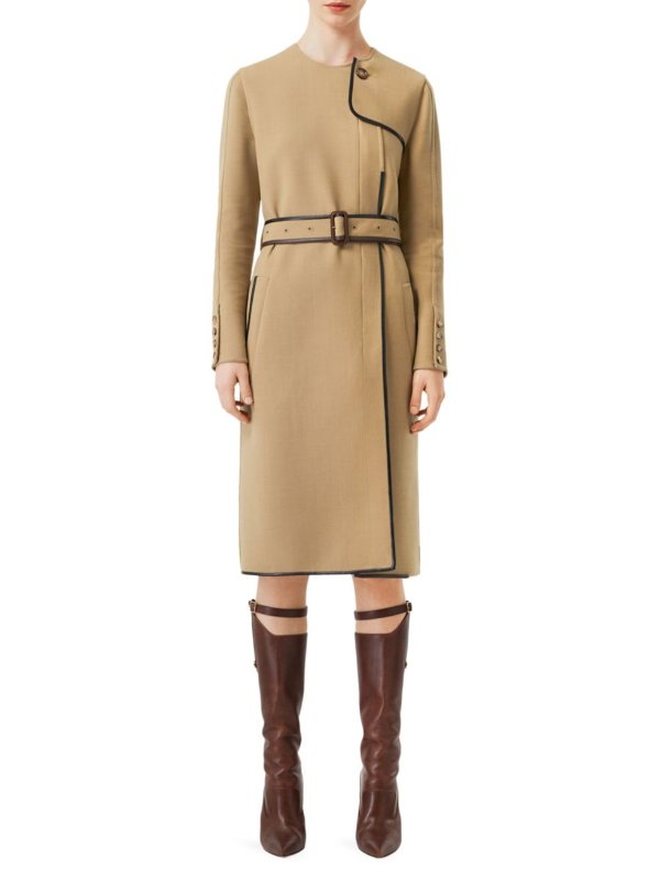 - Leather-Trim Wool-Blend Dress Coat
