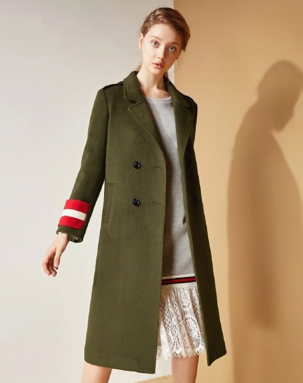 Green Lapel Double Breasted Long Sleeve Fitted Women's Coat