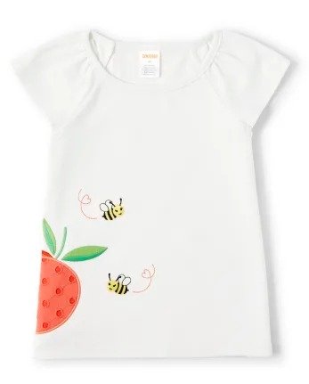 Girls Short Flutter Sleeve Embroidered Bumble Bee And Peach Bow Top - Pretty Peach