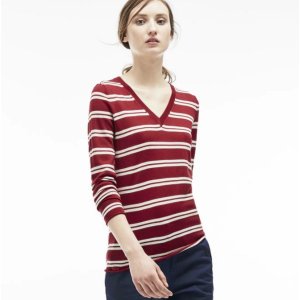 Lacoste Women's Wool Jersey Striped V-Neck Sweater
