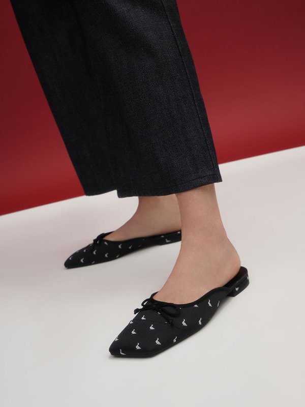 Black Textured Printed Jacquard Bow-Tie Flat Mules | CHARLES &amp; KEITH