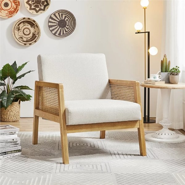 Upholstered Accent Chair with Rattan Sides for Living Rooms,Beige