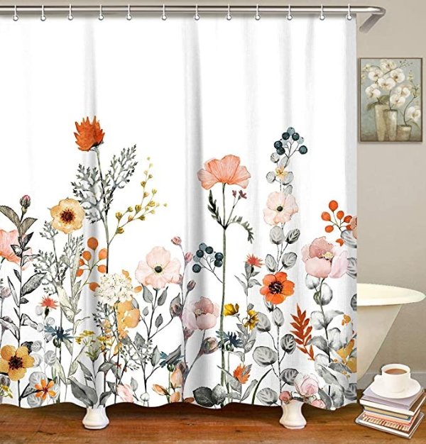 LIVILAN Fabric Floral Shower Curtain Set with 12 Hooks 72" X 72"