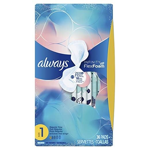 Infinity Size 1 Feminine Pads with Wings, Regular Absorbency, Unscented, 36 Count - Pack of 3 (108 Total Count) (Packaging May Vary)