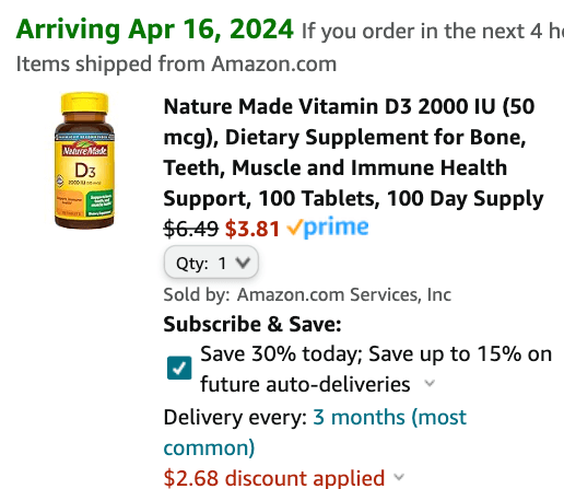 特價3.4折: Nature Made Vitamin D3 2000 IU (50 mcg), Dietary Supplement for Bone,
