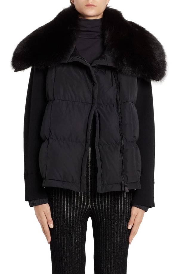 Quilted Down & Knit Jacket with Genuine Fox Fur Collar
