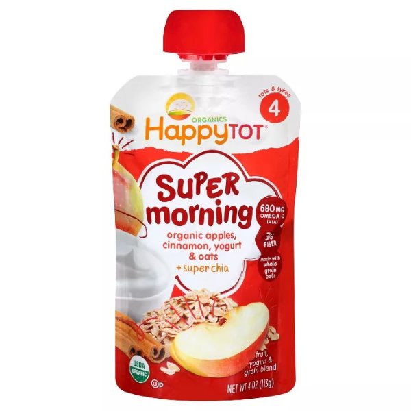 HappyTot Super Morning Organic Apples Cinnamon Yogurt &#38; Oats with Superchia Baby Food Pouch - 4oz