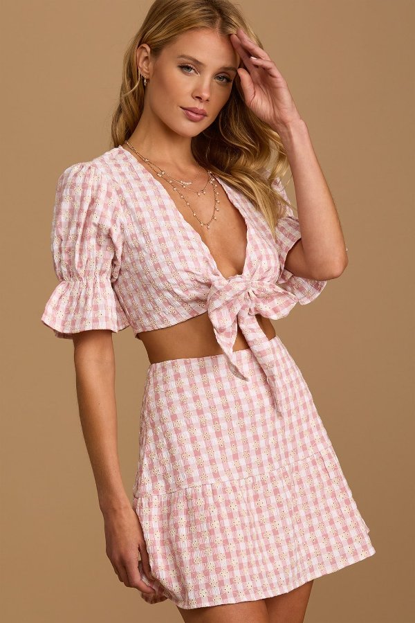 Patio Cutie Light Pink Gingham Embroidered Mini Skirt