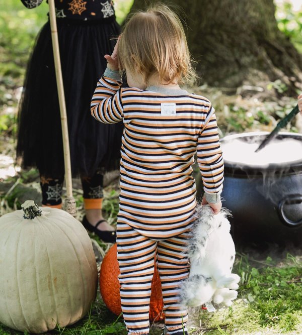 Tri Color Stripe Organic Baby Zip Up Footed Halloween Pajamas